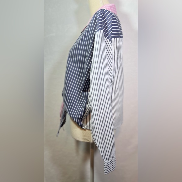 No Frills Button Down Shirt Tie Front Size M Color Block Striped - Picture 3 of 6